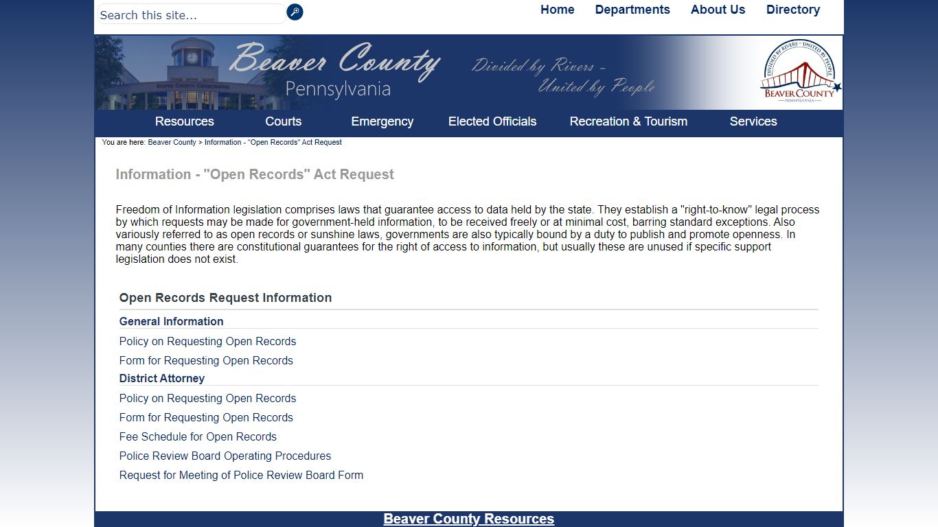 Information - "Open Records" Act Request - Beaver County, Pennsylvania